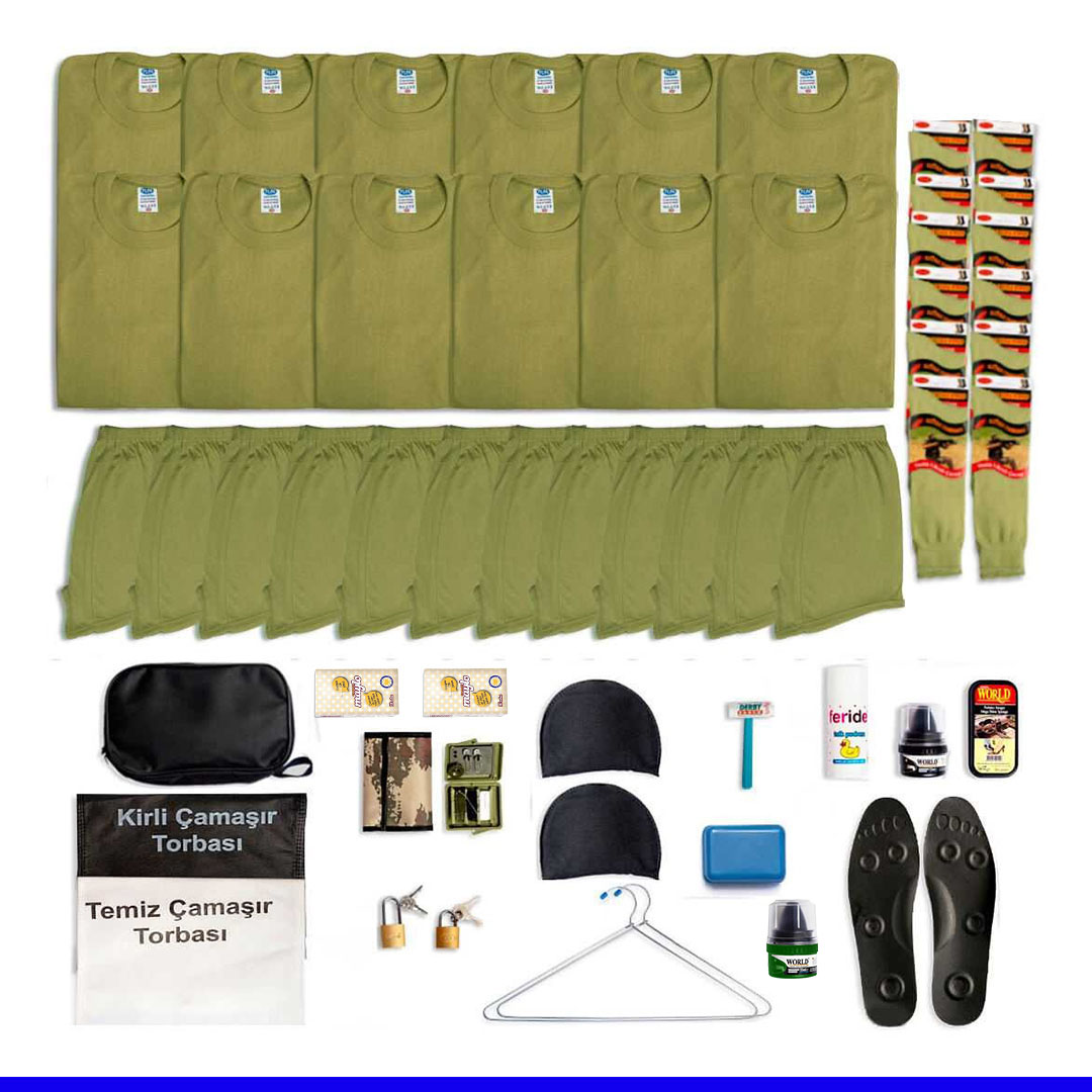 12'li Temel Bedelli Asker Seti: Tıraş Çantası Asker Tişörtü Çorap 1 12'li Temel Bedelli Asker Seti: Tıraş Çantası Asker Tişörtü Çorap
