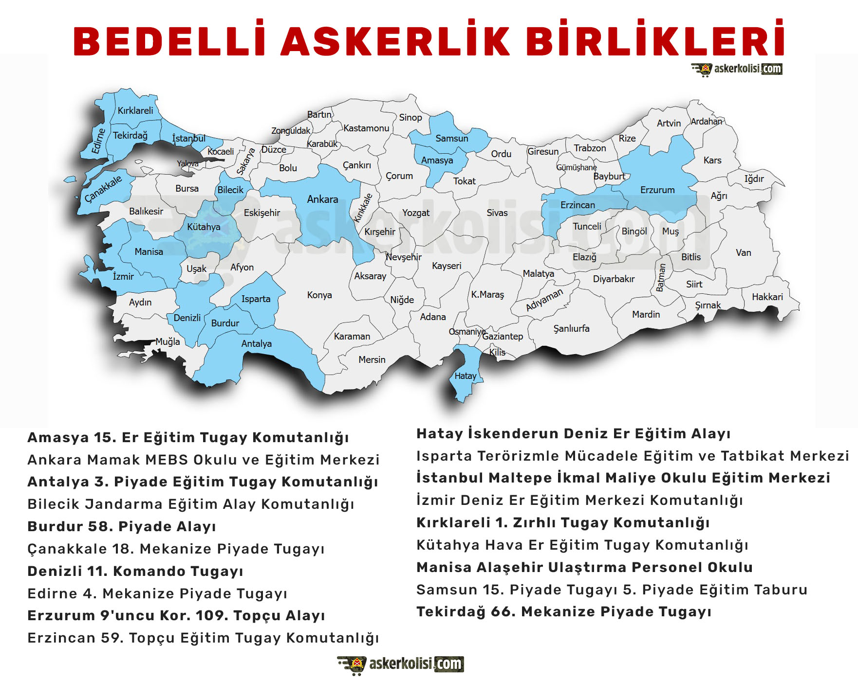 bedelli askerlik birlikleri: amasya ankara antalya bilecik burdur erzincan, çanakkale, edirne, denizli, erzurum, kırklareli, tekirdağ, erzurum, hatay isparta istanbul izmir kutahya manisa samsun